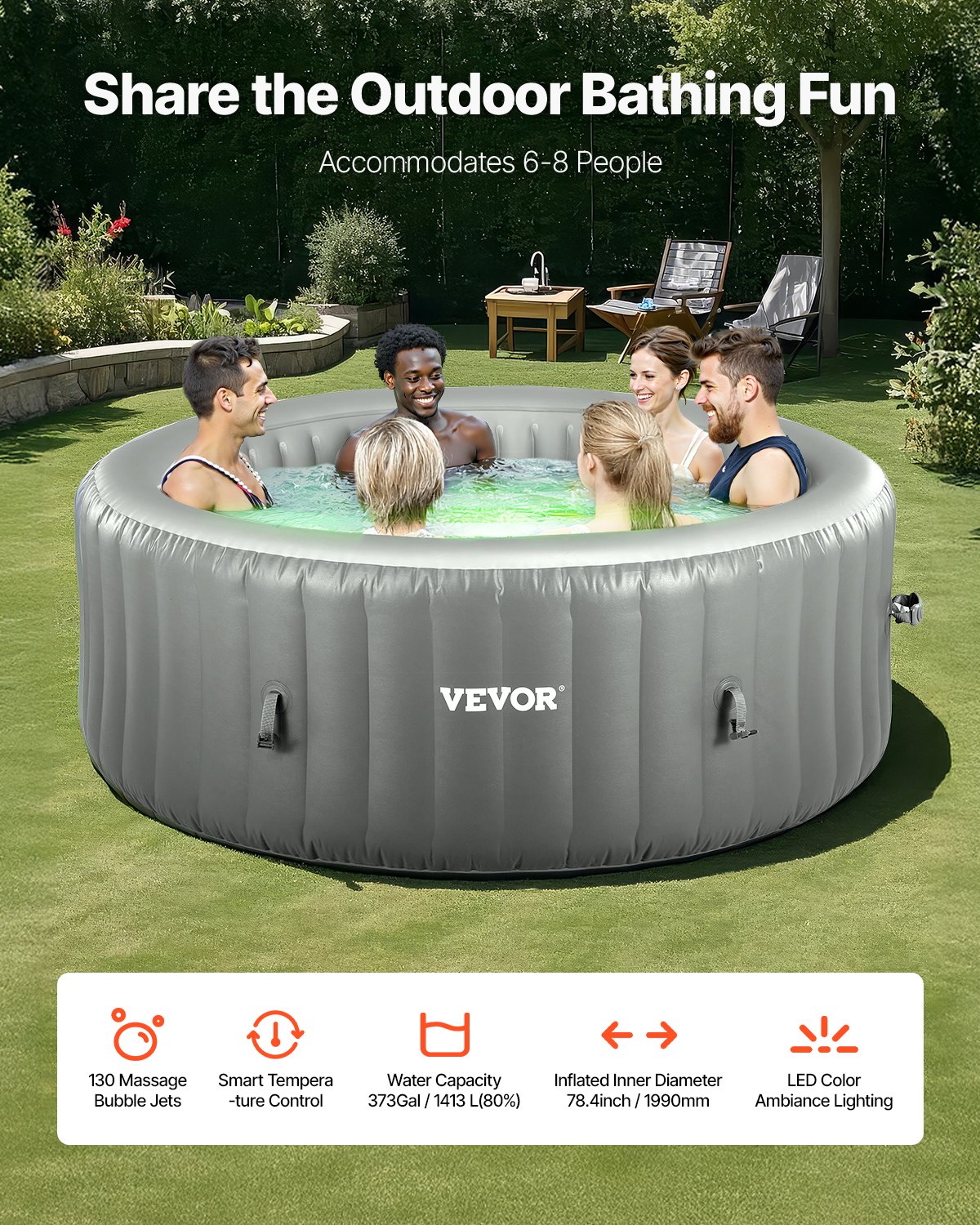 VEVOR aufblasbare Badewanne für 6 bis 8 Personen (240 x 66 cm), rund & tragbar, mit 130 wohltuenden Düsen & Kopfstütze & LED-Licht & Abdeckung & multifunktionalem Bedienfeld, PVC Spa-Pool Outdoor