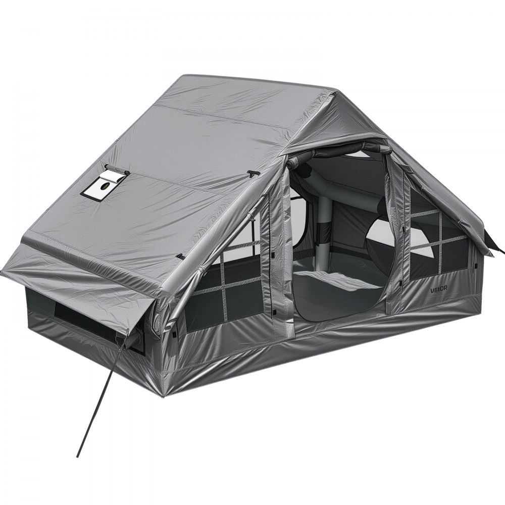 VEVOR Aufblasbares Zelt Campingzelt Luftzelt 2-4 Personen mit Pumpe Grau, für Outdoor-Aktivitäten Wasserabweisendes 420D Oxford-Gewebe Dachfenster Ofenrohrdurchführung Netzfenster & Tragetasche