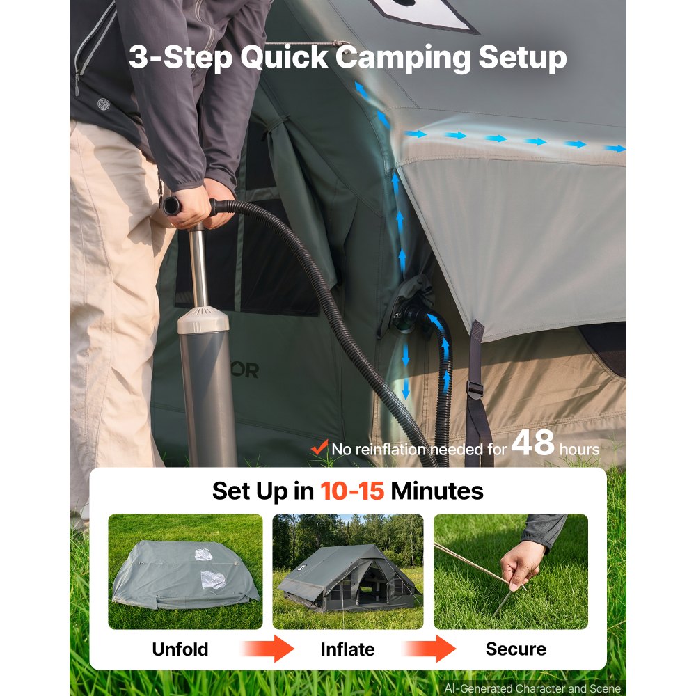 VEVOR Aufblasbares Campingzelt Familienzelt Luftzelt 5-8 Personen Grün, für Outdoor-Aktivität Wasserabweisendes 420D Oxford-Gewebe mit Dachfenster Ofenrohrdurchführung Netzfenster & Tragetasche