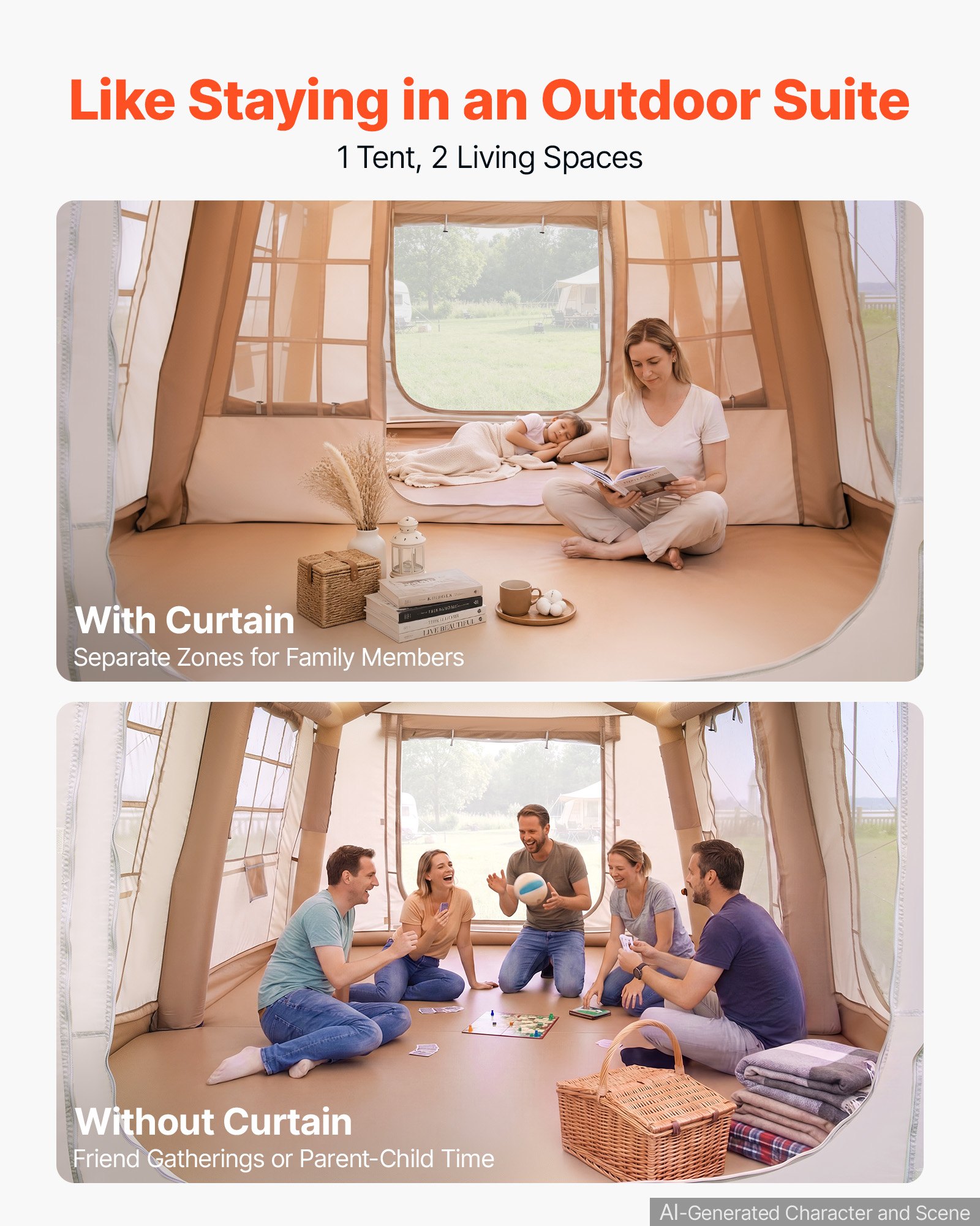 VEVOR Aufblasbares Zelt Luftzelt 5-8 Personen mit Pumpe & Sonnendach Beige, für Outdoor-Aktivität Wasserabweisendes 420D Oxford-Gewebe mit Dachfenster Ofenrohrdurchführung & Netzfenster Windstabil