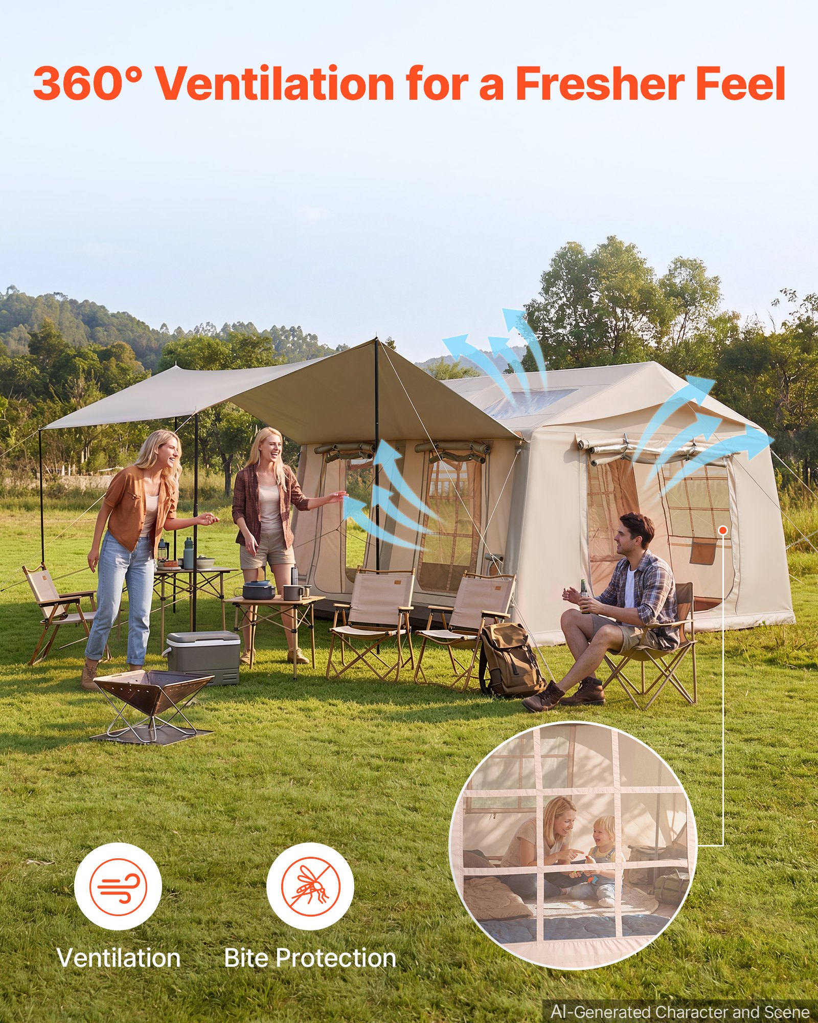 VEVOR Aufblasbares Zelt Luftzelt 5-8 Personen mit Pumpe & Sonnendach Beige, für Outdoor-Aktivität Wasserabweisendes 420D Oxford-Gewebe mit Dachfenster Ofenrohrdurchführung & Netzfenster Windstabil