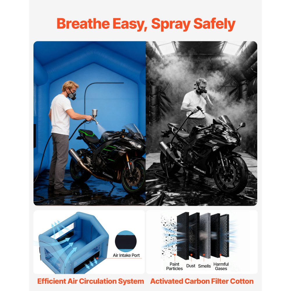 VEVOR aufblasbare Lackierkabine Spritzkabine 3 x 2,5 x 2,5 m, Lackierkabinenzelt mit 550 W Gebläse & Luftfiltersystem & klarem Fenster, Dreieckdach, 210D Oxford-Gewebe, Spritzlackierung Blau