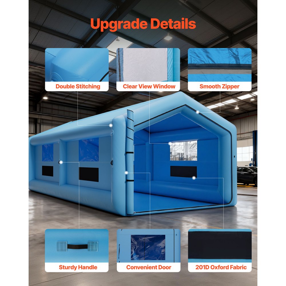 VEVOR aufblasbare Lackierkabine Spritzkabine 12x5x4 m, Lackierkabinenzelt mit 950+1100 W Gebläse & Luftfiltersystem, Dreieckdach, Oxford-Gewebe, Spritzlackierung für Metallteile von Kraftfahrzeugen