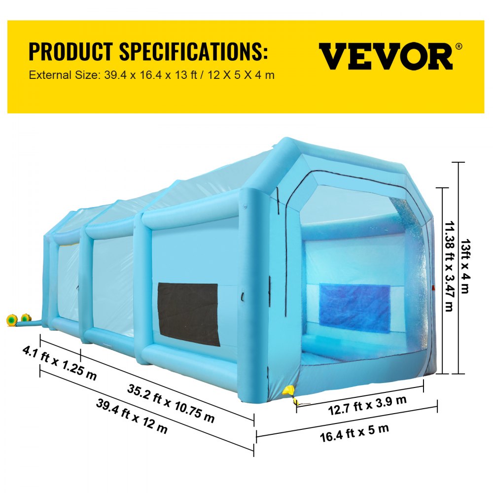 VEVOR Aufblasbare Lackierkabine Spritzlackierkabine 10,75 x 3,9 x 3,47 m mit 2 leistungsstarken Gebläsen, Spritzkabine mit Luftfiltersystem, Autolackierkabine für Autoparkplatz, Zelt-Arbeitsplatz