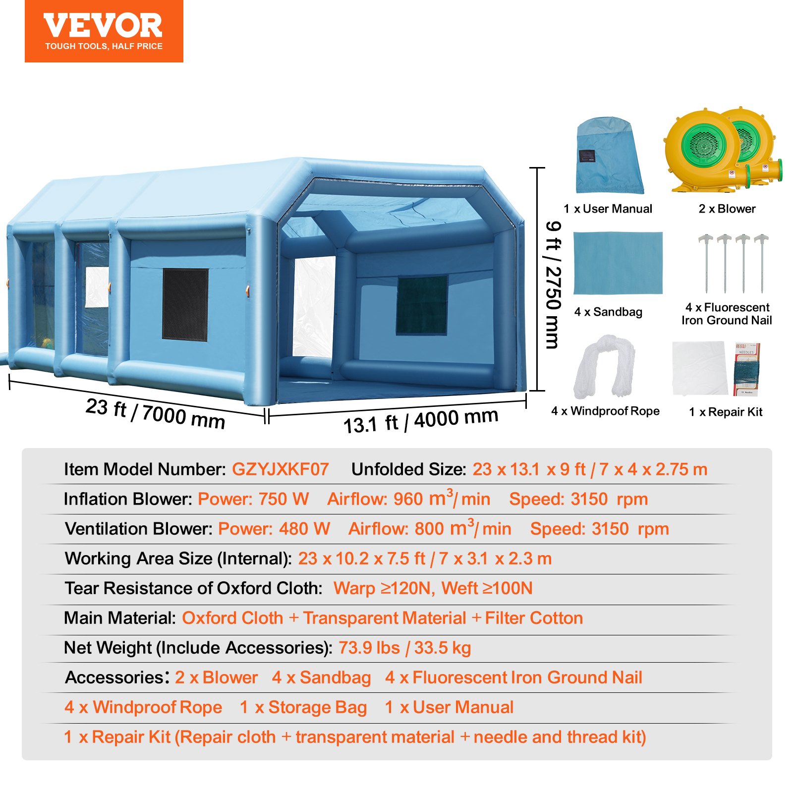 VEVOR Aufblasbare Lackierkabine, 7 x 4 x 2,75 m Aufblasbare Spritzkabine, mit 750 W + 480 W leistungsstarken Gebläsen und Luftfiltersystem, Tragbare Auto-Lackierkabine Motorräder, Mittelgroße SUVs