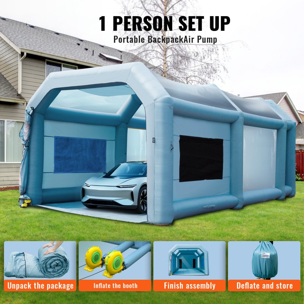 VEVOR Tragbares Aufblasbares Farbzelt 7,3 x 3,8 x 2,8 m, DIY Sprühmalerei 750 + 960 W, Sprühschutz Farbkabine für DIY-Projekte Hobby-Farbautomaten-Werkzeug, Blau 210D Oxford-Gewebe Lackierkabine
