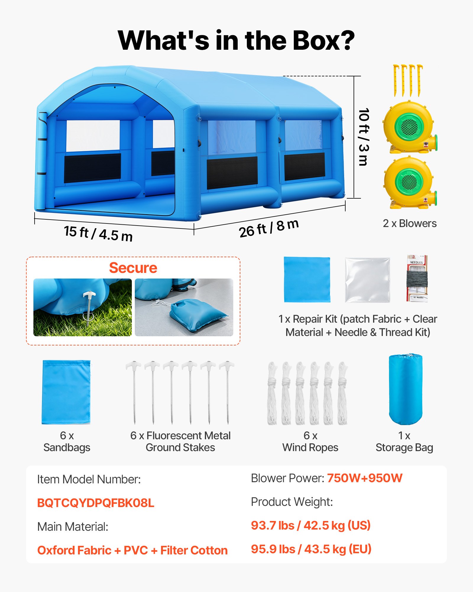 VEVOR Aufblasbare Lackierkabine 8x4,5x3 m Spritzkabine Lackierzelt Blau, mit 750-W- & 950-W-Gebläsen Aktivkohlefiltration Gewölbtem Dach für Pickups & Kleine Schnellboote Tragbar