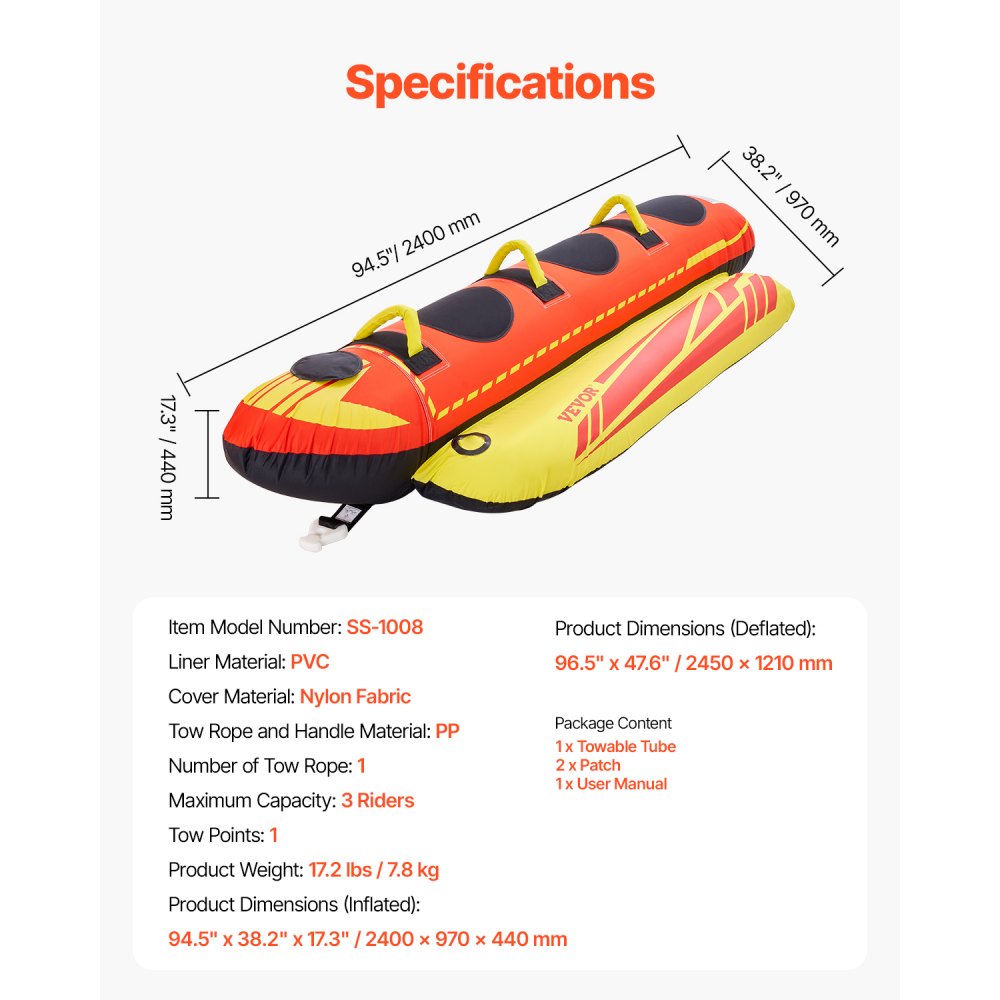 VEVOR Fun Tube Set, Aufblasbare Schleppboote für 1–3 Personen, 231 kg Wassersport-Schleppschlauch mit vollständiger Nylonhülle, gepolsterten Griffen und Geschwindigkeits-Sicherheitsventil