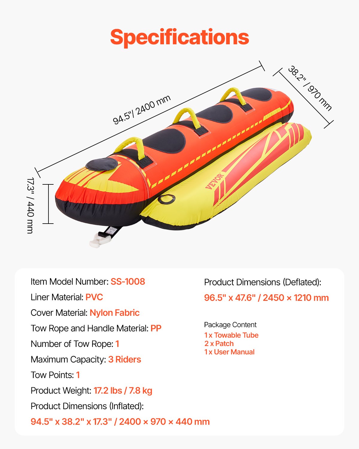 VEVOR Fun Tube Set, Aufblasbare Schleppboote für 1–3 Personen, 231 kg Wassersport-Schleppschlauch mit vollständiger Nylonhülle, gepolsterten Griffen und Geschwindigkeits-Sicherheitsventil