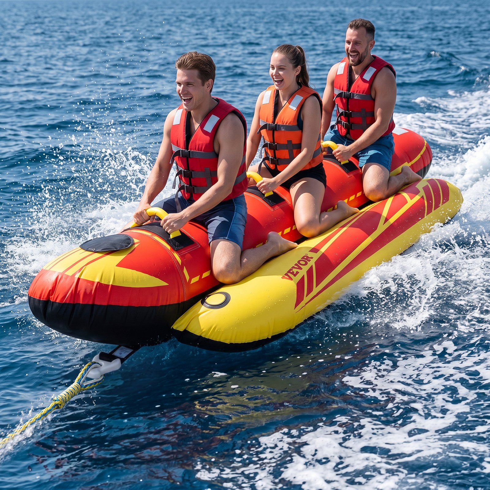 VEVOR Fun Tube Set, Aufblasbare Schleppboote für 1–3 Personen, 231 kg Wassersport-Schleppschlauch mit vollständiger Nylonhülle, gepolsterten Griffen und Geschwindigkeits-Sicherheitsventil