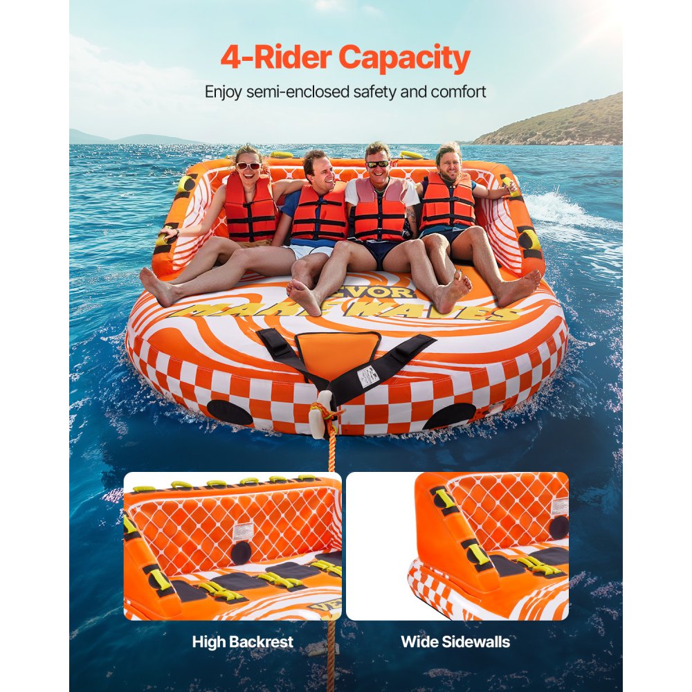 VEVOR Fun Tube Set zum Bootfahren, Aufblasbare Schleppboote für 1–4 Personen, 300 kg Wassersport-Schleppschlauch zum Ziehen von Booten – mit Haltegriffen, Schlepppunkten und Sicherheitsventil