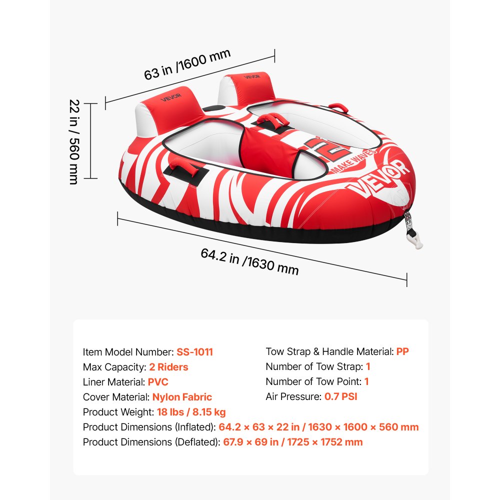 VEVOR Towable Tube für Boote, Wassersport-Schleppreifen für 2 Personen, bis 154 kg Tragfähigkeit, mit Kompletter Nylonabdeckung, Gepolsterten Griffen und Sicherheitsventil, für Seen und Flüsse, Rot
