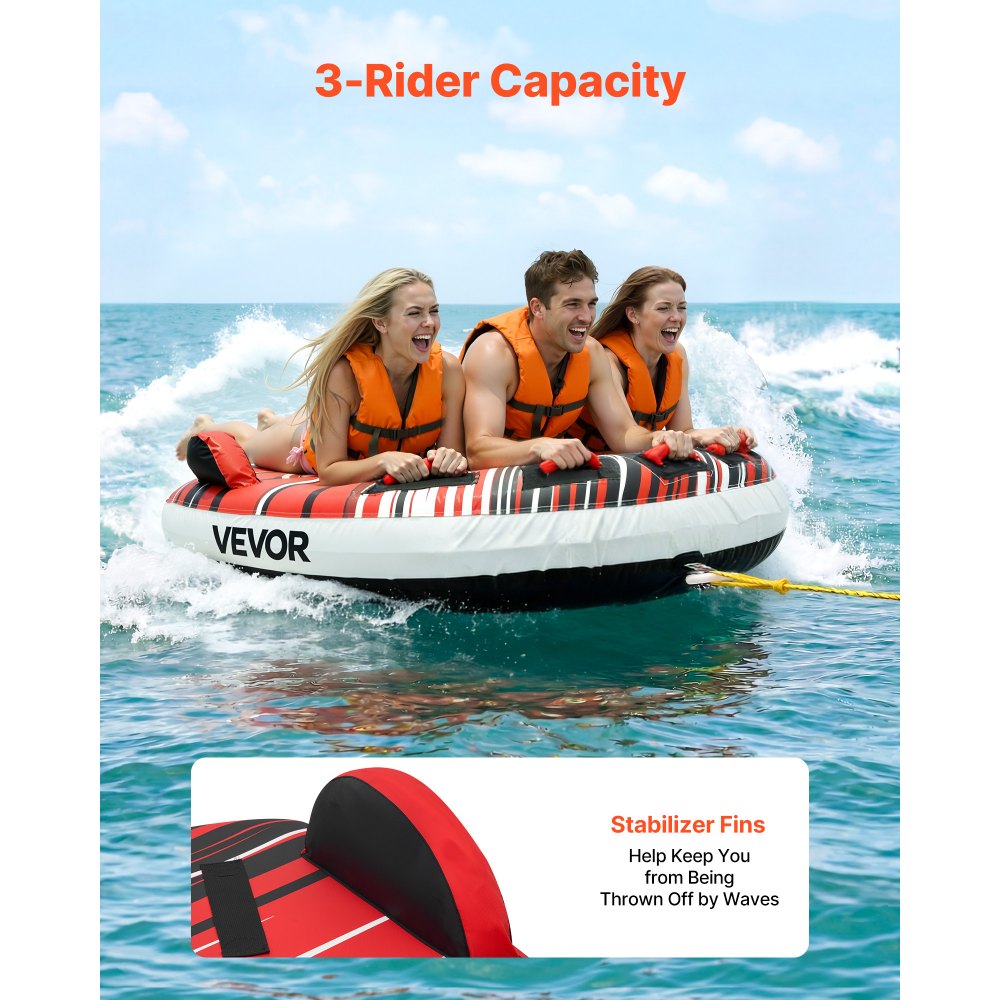 VEVOR Towable Tube für Boote, Wassersport-Schleppreifen für 3 Personen, bis 231 kg Tragfähigkeit, mit Flossen, Nylonhülle, Gepolsterten Griffen und Sicherheitsventil, für Seen, Flüsse und Meere, Rot