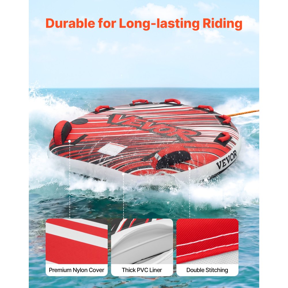 VEVOR Towable Tube für Boote, Wassersport-Schleppreifen für 3 Personen, bis 231 kg Tragfähigkeit, mit Flossen, Nylonhülle, Gepolsterten Griffen und Sicherheitsventil, für Seen, Flüsse und Meere, Rot