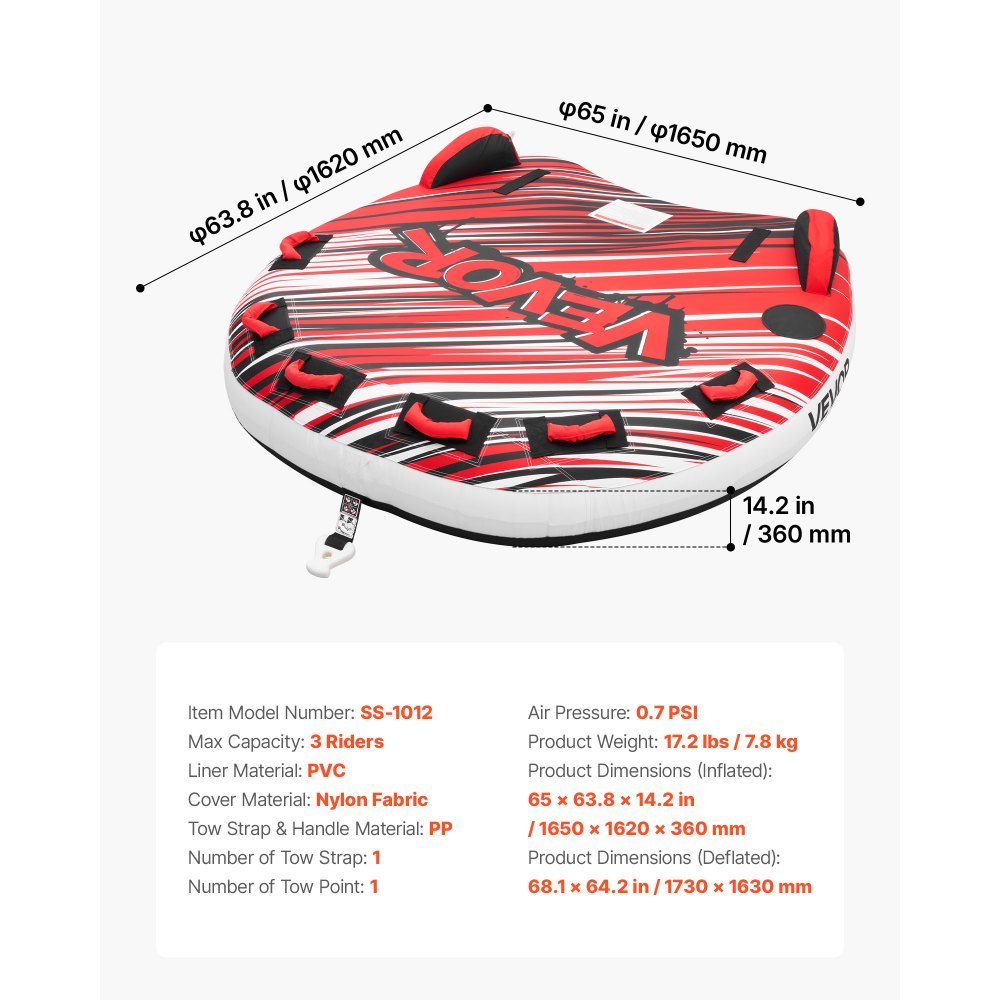 VEVOR Towable Tube für Boote, Wassersport-Schleppreifen für 3 Personen, bis 231 kg Tragfähigkeit, mit Flossen, Nylonhülle, Gepolsterten Griffen und Sicherheitsventil, für Seen, Flüsse und Meere, Rot