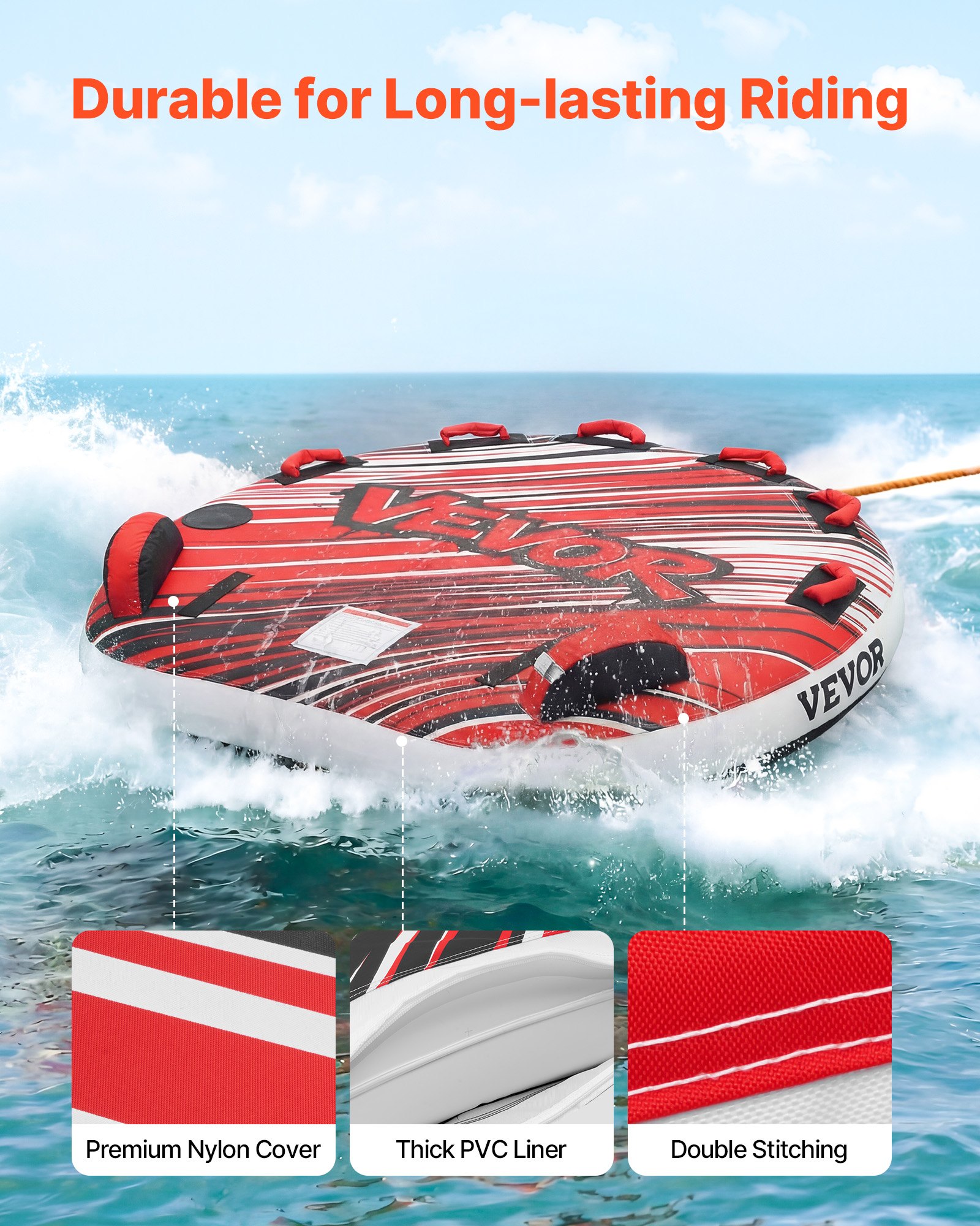 VEVOR Towable Tube für Boote, Wassersport-Schleppreifen für 3 Personen, bis 231 kg Tragfähigkeit, mit Flossen, Nylonhülle, Gepolsterten Griffen und Sicherheitsventil, für Seen, Flüsse und Meere, Rot