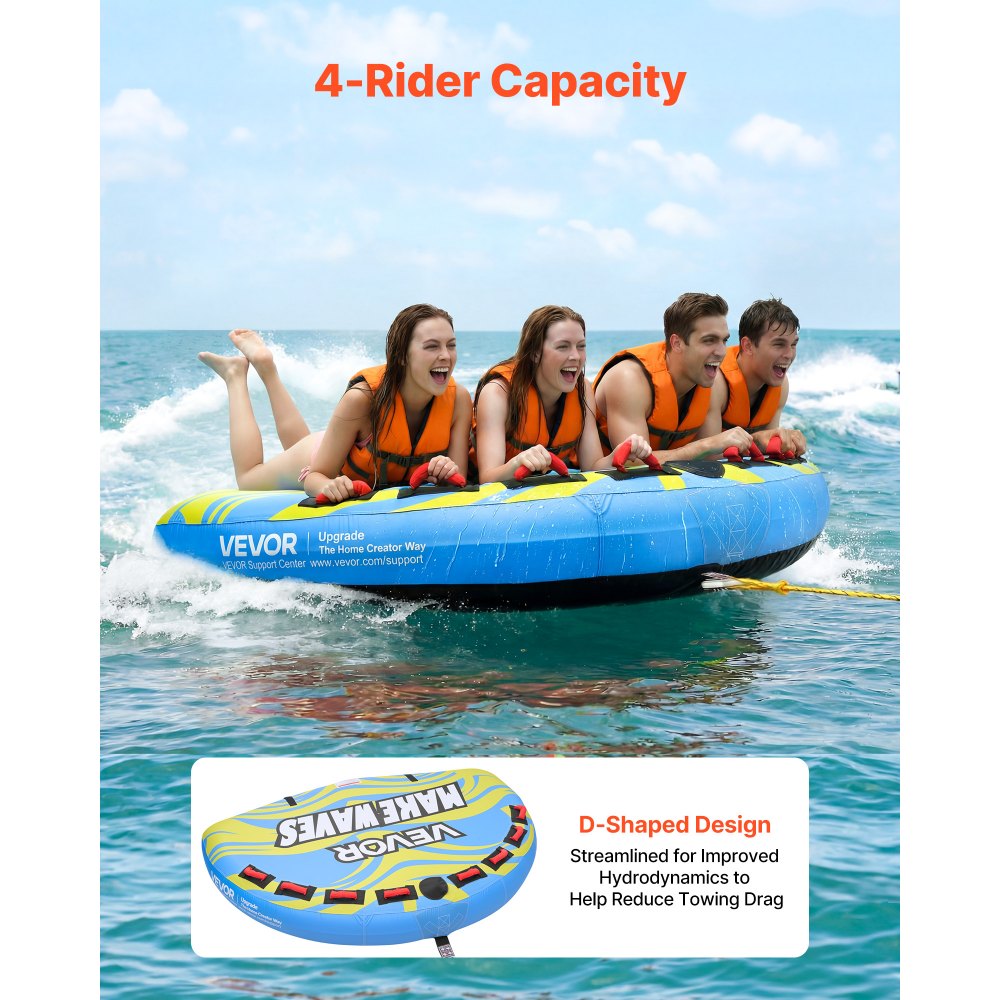 VEVOR Towable Tube für Boote, Wassersport-Schleppreifen für 4 Personen, bis 308 kg Tragfähigkeit, mit Flossen, Nylonhülle, Gepolsterten Griffen und Sicherheitsventil, für Seen, Flüsse und Meere, Blau