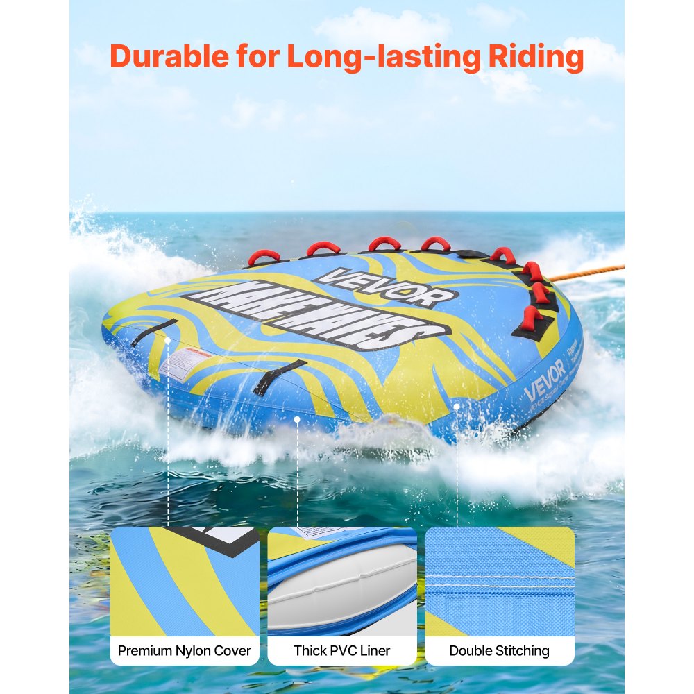 VEVOR Towable Tube für Boote, Wassersport-Schleppreifen für 4 Personen, bis 308 kg Tragfähigkeit, mit Flossen, Nylonhülle, Gepolsterten Griffen und Sicherheitsventil, für Seen, Flüsse und Meere, Blau