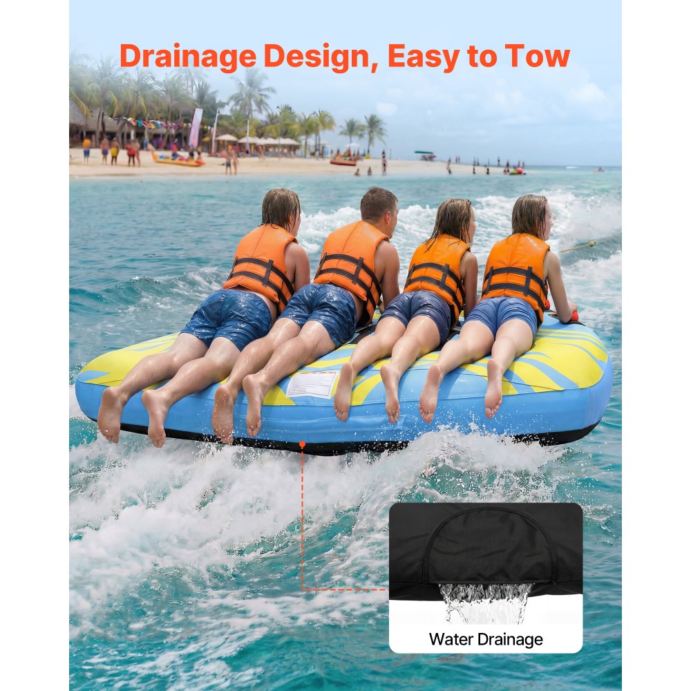 VEVOR Towable Tube für Boote, Wassersport-Schleppreifen für 4 Personen, bis 308 kg Tragfähigkeit, mit Flossen, Nylonhülle, Gepolsterten Griffen und Sicherheitsventil, für Seen, Flüsse und Meere, Blau