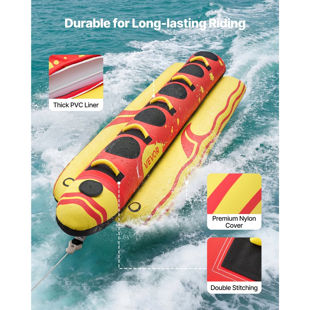 VEVOR Towable Funtube für 5 Personen, Aufblasbares Wasser Tube bis 385 kg Belastung, 5-Sitzer Schlauchboot mit Robustem Nylon-Überzug, Gepolsterten Haltegriffen & Sicherheitsventil, Wassersport-Spaß