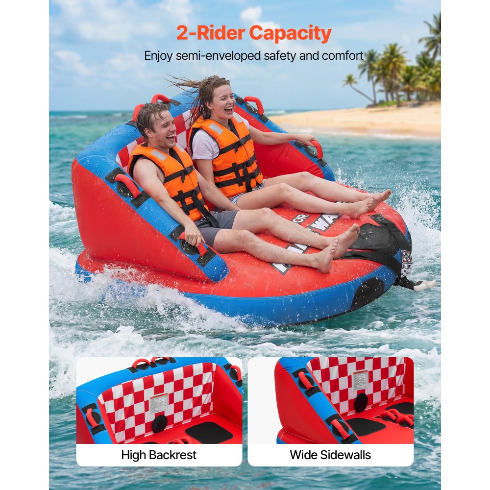 VEVOR Towable Tube für Boote, Wassersport-Schleppreifen für 2 Personen, bis 154 kg Tragfähigkeit, mit 2 Zugpunkten, Nylonhülle, Gepolsterten Griffen und Sicherheitsventil, für Seen, Flüsse, Rot