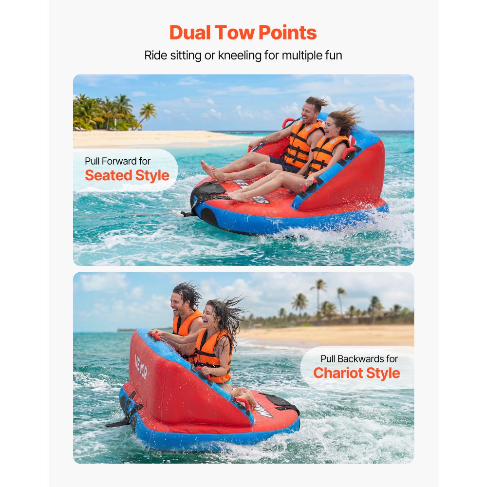 VEVOR Towable Tube für Boote, Wassersport-Schleppreifen für 2 Personen, bis 154 kg Tragfähigkeit, mit 2 Zugpunkten, Nylonhülle, Gepolsterten Griffen und Sicherheitsventil, für Seen, Flüsse, Rot