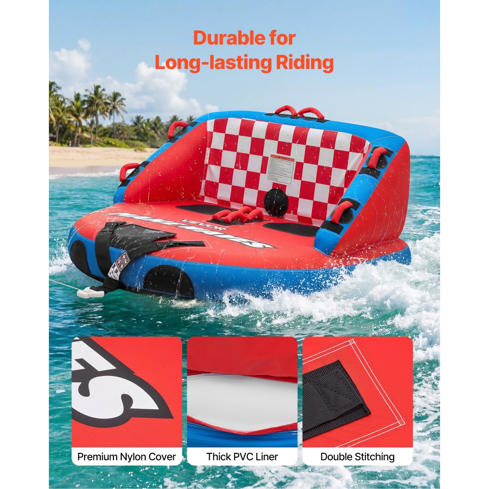 VEVOR Towable Tube für Boote, Wassersport-Schleppreifen für 2 Personen, bis 154 kg Tragfähigkeit, mit 2 Zugpunkten, Nylonhülle, Gepolsterten Griffen und Sicherheitsventil, für Seen, Flüsse, Rot