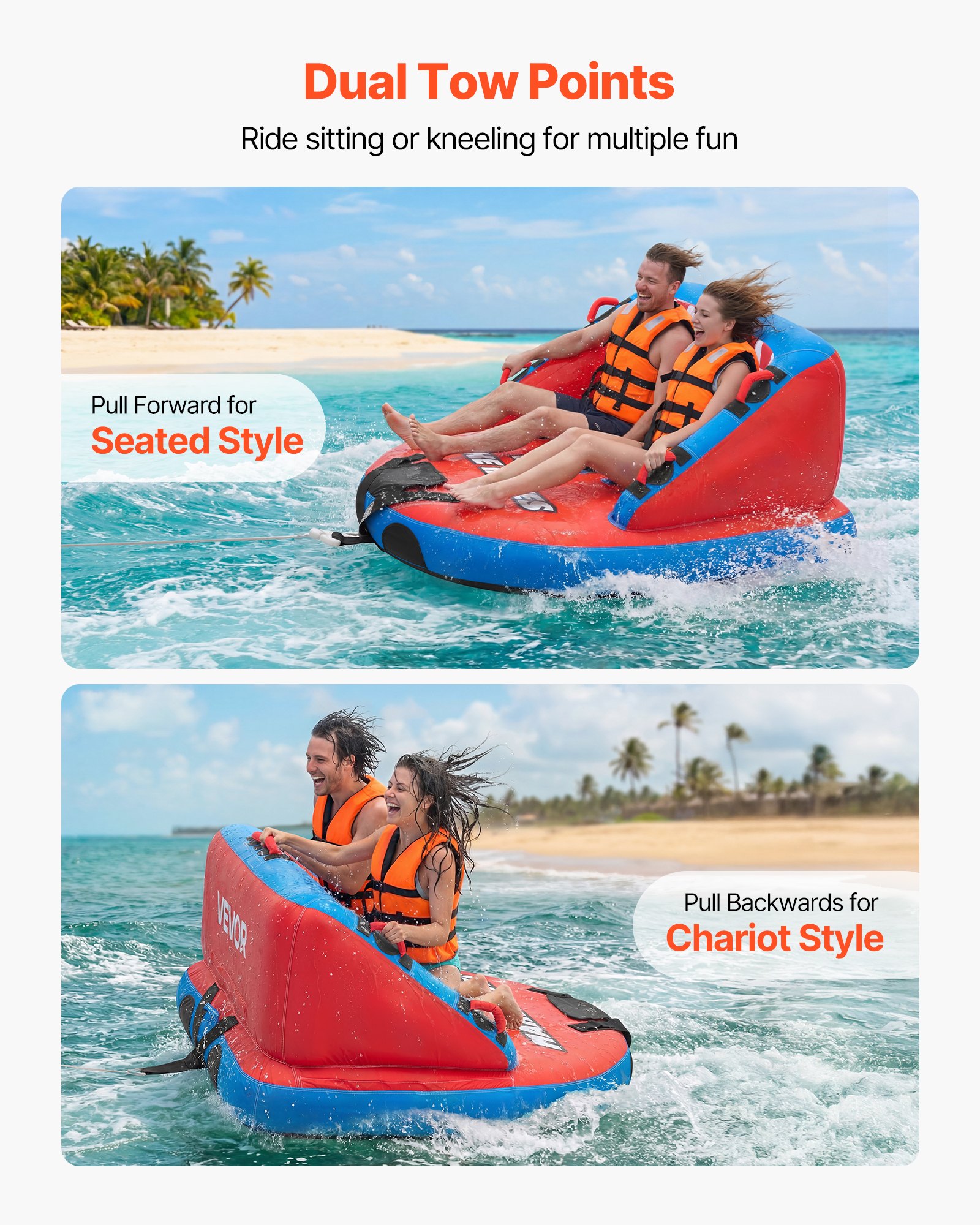 VEVOR Towable Tube für Boote, Wassersport-Schleppreifen für 2 Personen, bis 154 kg Tragfähigkeit, mit 2 Zugpunkten, Nylonhülle, Gepolsterten Griffen und Sicherheitsventil, für Seen, Flüsse, Rot