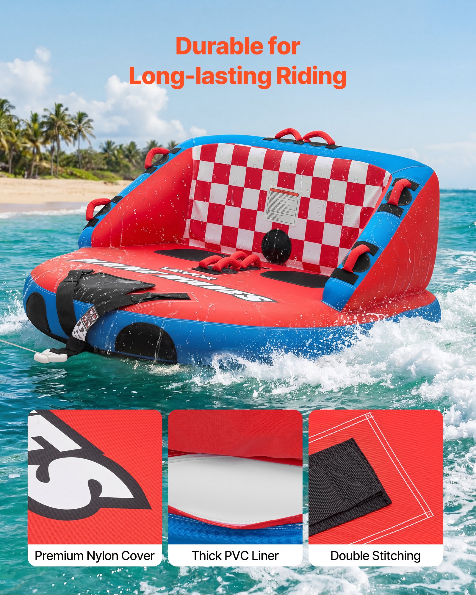 VEVOR Towable Tube für Boote, Wassersport-Schleppreifen für 2 Personen, bis 154 kg Tragfähigkeit, mit 2 Zugpunkten, Nylonhülle, Gepolsterten Griffen und Sicherheitsventil, für Seen, Flüsse, Rot