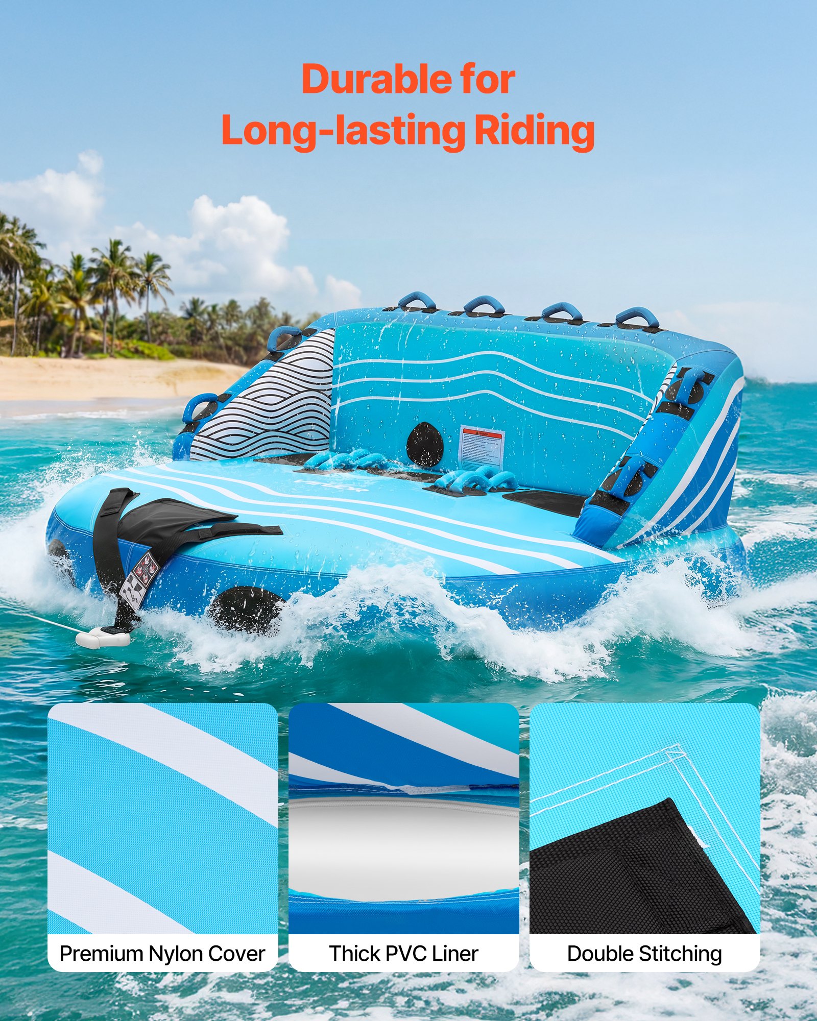 VEVOR Towable Tube für Boote, Wassersport-Schleppreifen für 3 Personen, bis 231 kg Tragfähigkeit, mit 2 Zugpunkten, Nylonhülle, Gepolsterten Griffen und Sicherheitsventil, für Seen, Flüsse, Blau