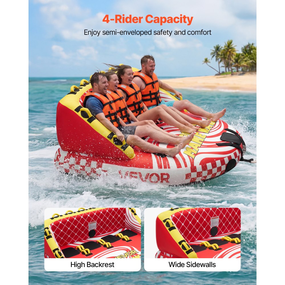 VEVOR Towable Tube für Boote, Wassersport-Schleppreifen für 4 Personen, bis 308 kg Tragfähigkeit, mit 2 Zugpunkten, Nylonhülle, Gepolsterten Griffen und Sicherheitsventil, für Seen, Flüsse, Rot