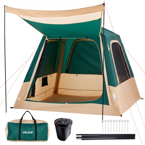 VEVOR Campingzelt 4 Personen, Aufblasbares Familienzelt mit Wiederaufladbarer Pumpe, TPU-Luftschlauch & 5 Netzfenstern, Kabinenzelt mit Tragetasche für Familien-Camping & Wandern, Grün
