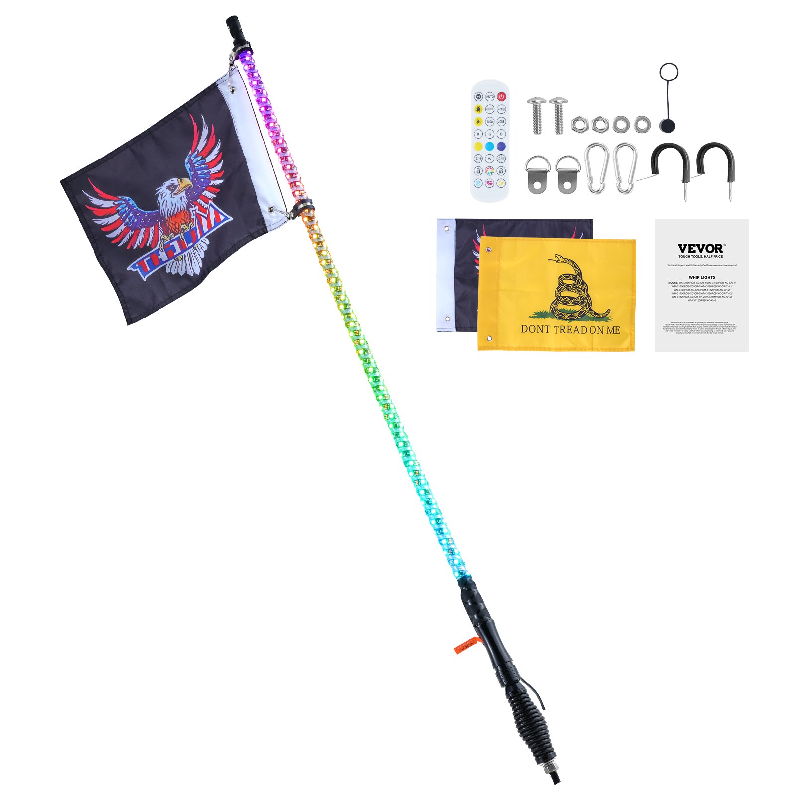VEVOR 1 Piece 3 Foot Whip Light with Spring Base, LED Whip Light with App & Remote Control, Waterproof 360° Spiral RGB Whip with Chasing Light & 2 Flags, for UTVs, ATVs, Motorcycles, RZR