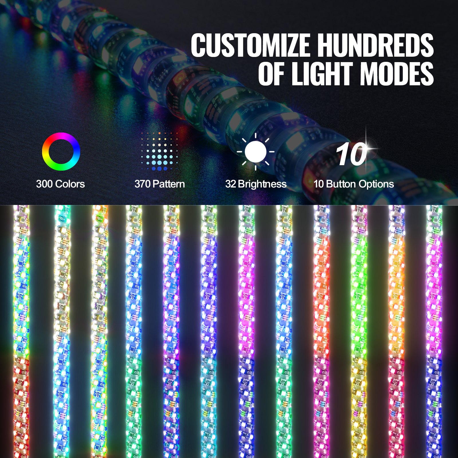 VEVOR 2 Stk. Peitschenlicht, LED-Peitschenlicht mit App & RF-Fernbedienung, Wasserdichte 360°-Spiral-RGB-Verfolgungslichtpeitsche mit 4 Flaggen, 152,4 cm LED Peitsche Licht für UTVs, ATVs, RZR