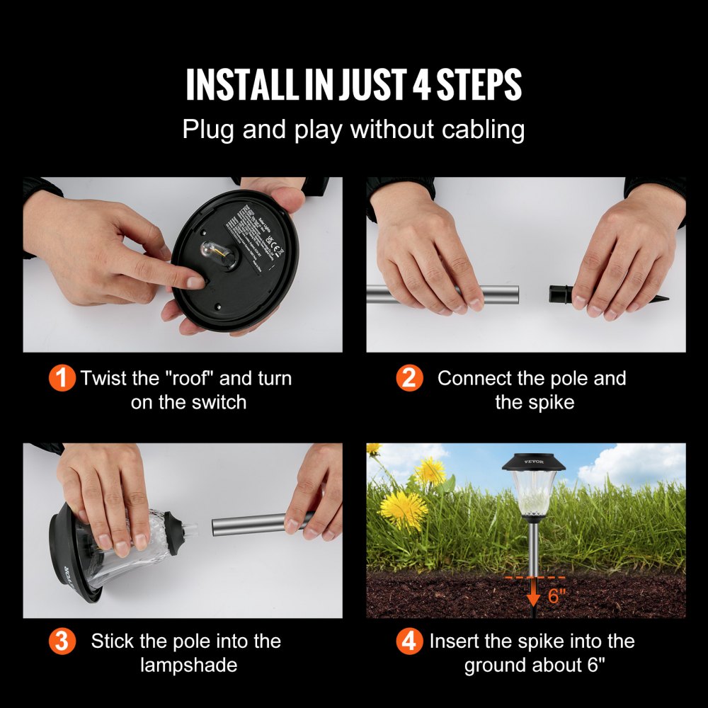 VEVOR 6x Solarleuchten Garten Edelstahl Glas ABS Wegeleuchten Außen 500mAh Lithiumbatterie Gartenlampe Außen 16Stunden Betriebszeit Solar Gartenleuchte 80mA Wegbeleuchtung Ideal für Garten Balkon Hof