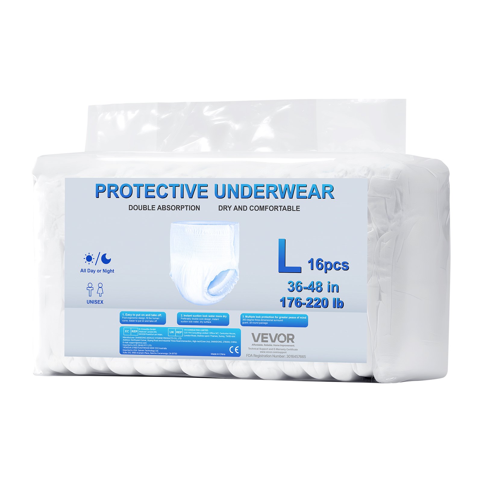 VEVOR Inkontinenzhosen für Erwachsene, Mobile Einweghose, Einweg-Pull-Up-Windel mit auslaufsicherem Beinbündchen & Nässeindikator, Inkontinenz Pants Größe L, 64 Stk. (4er-Pack mit 16 Stück)