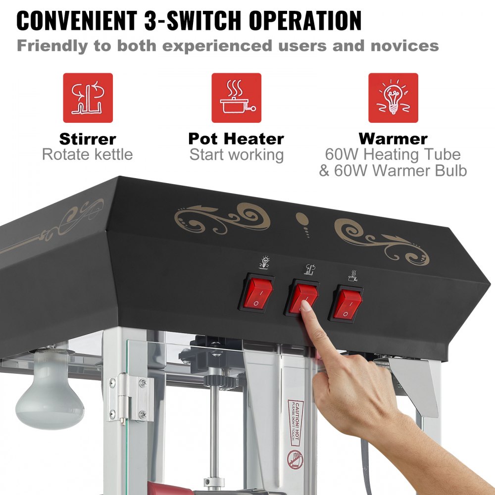 VEVOR Popcornmaschine Popcornautomat mit Wagen 850 W Popcorngerät, 8 oz Kessel für 48 Tassen pro Ladung, Popcornmaschine mit gehärtetem Glas inkl. 4 Schaufeln Kino-Stil Restaurant Schwarz
