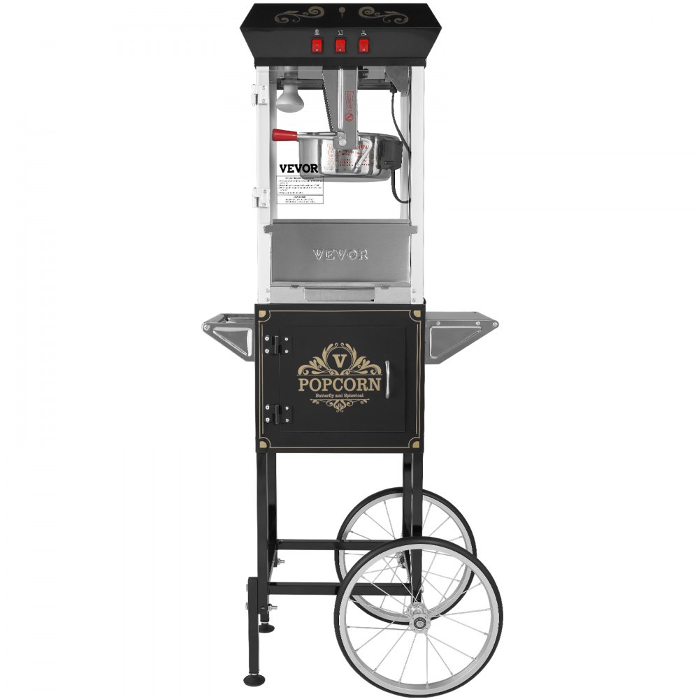 VEVOR Popcornmaschine Popcornautomat mit Wagen 850 W Popcorngerät, 8 oz Kessel für 48 Tassen pro Ladung, Popcornmaschine mit gehärtetem Glas inkl. 4 Schaufeln Kino-Stil Restaurant Schwarz
