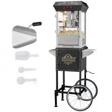 VEVOR Popcornmaschine Popcornautomat mit Wagen 850 W Popcorngerät, 8 oz Kessel für 48 Tassen pro Ladung, Popcornmaschine mit gehärtetem Glas inkl. 4 Schaufeln Kino-Stil Restaurant Schwarz