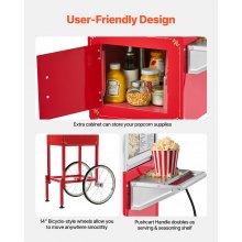 VEVOR Popcornmaschine Popcornautomat mit Kessel & Wagen, 800 W kommerzieller Popcornmaker, 48 Tassen pro Ladung, mit 2-Tasten-Bedienung, Glaswand, PC-Tür, 1 Portionierer, 3 Löffel, Rot