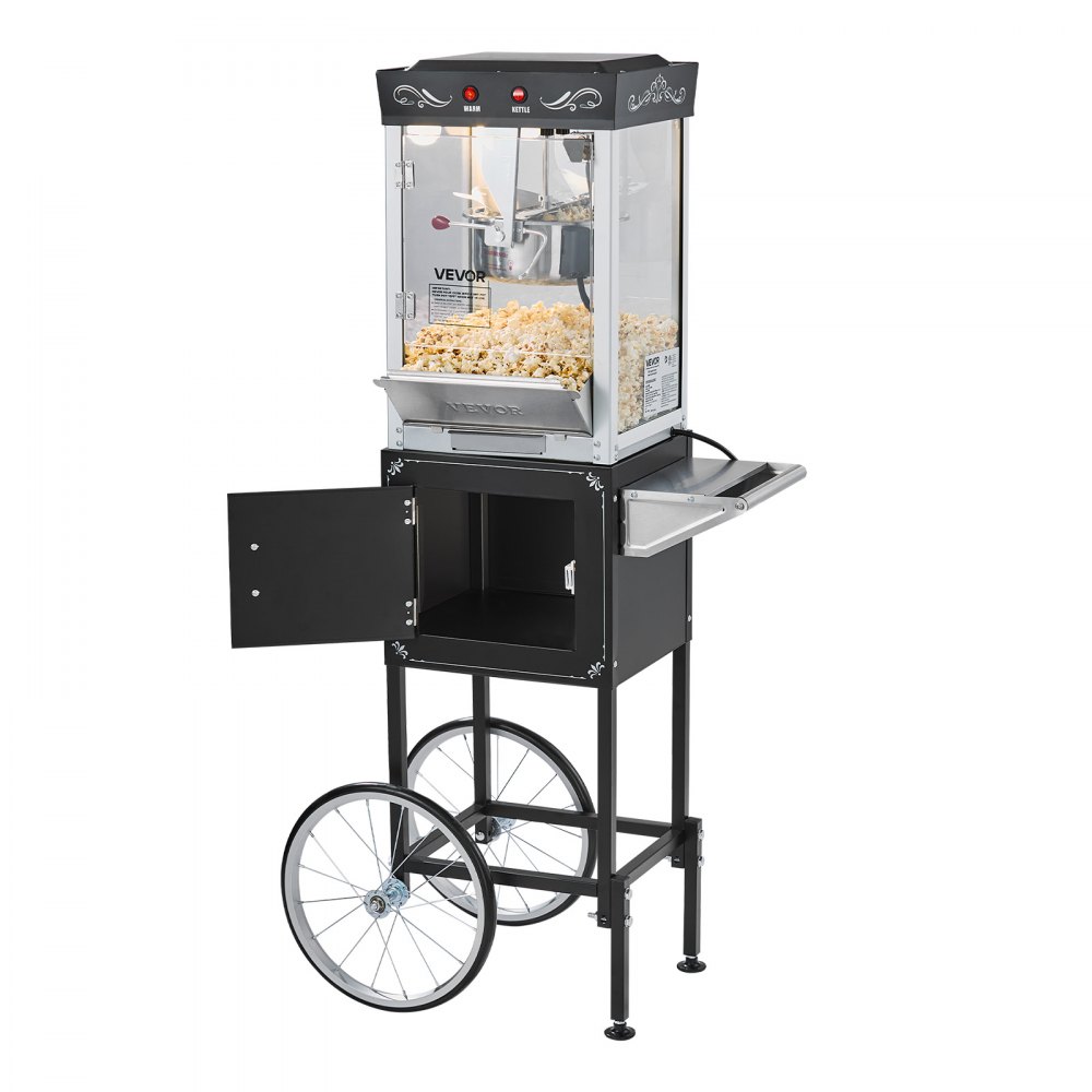 VEVOR Popcornmaschine Popcornautomat mit Kessel & Wagen, 800 W kommerzieller Popcornmaker, 48 Tassen pro Ladung, mit 2-Tasten-Bedienung, Glaswand, PC-Tür, 1 Portionierer, 3 Löffel, Schwarz