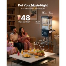 VEVOR Popcornmaschine Popcornautomat mit Kessel & Wagen, 800 W kommerzieller Popcornmaker, 48 Tassen pro Ladung, mit 2-Tasten-Bedienung, Glaswand, PC-Tür, 1 Portionierer, 3 Löffel, Schwarz