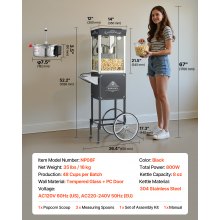 VEVOR Popcornmaschine Popcornautomat mit Kessel & Wagen, 800 W kommerzieller Popcornmaker, 48 Tassen pro Ladung, mit 2-Tasten-Bedienung, Glaswand, PC-Tür, 1 Portionierer, 3 Löffel, Schwarz