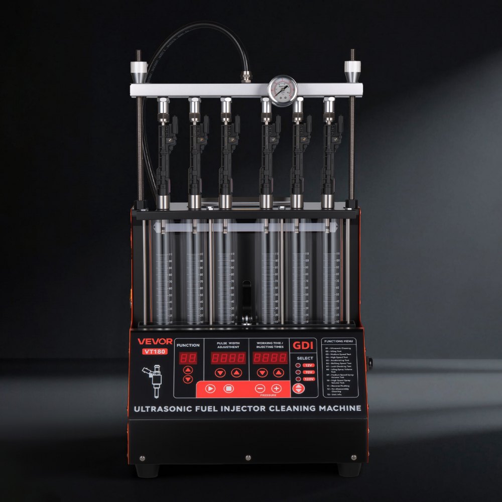 VEVOR Fuel Injector Cleaner Tester, 9 Test Modes, 6-Cylinder 28kHz Ultrasonic Cleaning Machine Adjustable 12V/70V/120V for EFI/FSI/GDI, Injector Cleaner Machine with Drain Valve for Car & Motorcycle