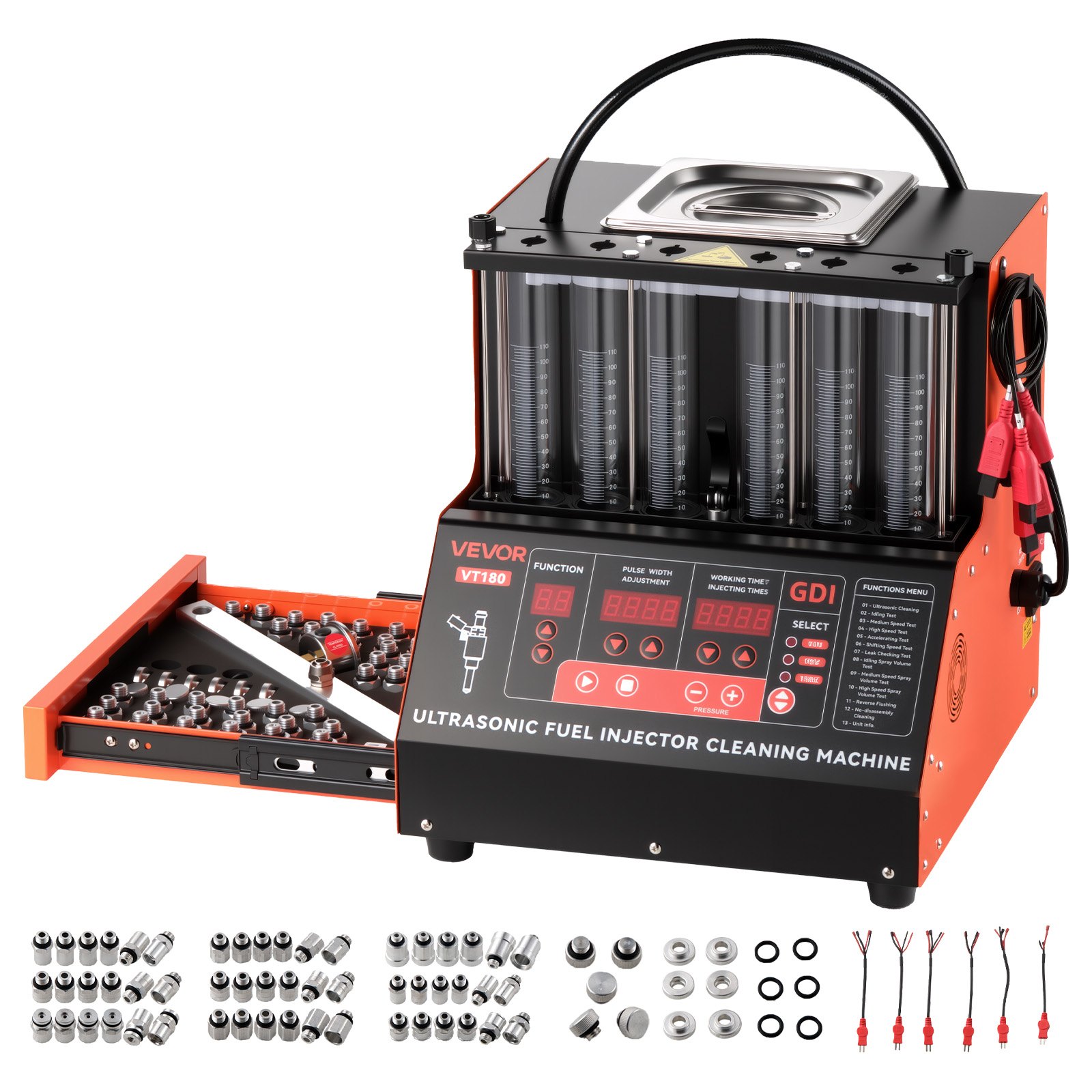 VEVOR Fuel Injector Cleaner Tester, 9 Test Modes, 6-Cylinder 28kHz Ultrasonic Cleaning Machine Adjustable 12V/70V/120V for EFI/FSI/GDI, Injector Cleaner Machine with Drain Valve for Car & Motorcycle