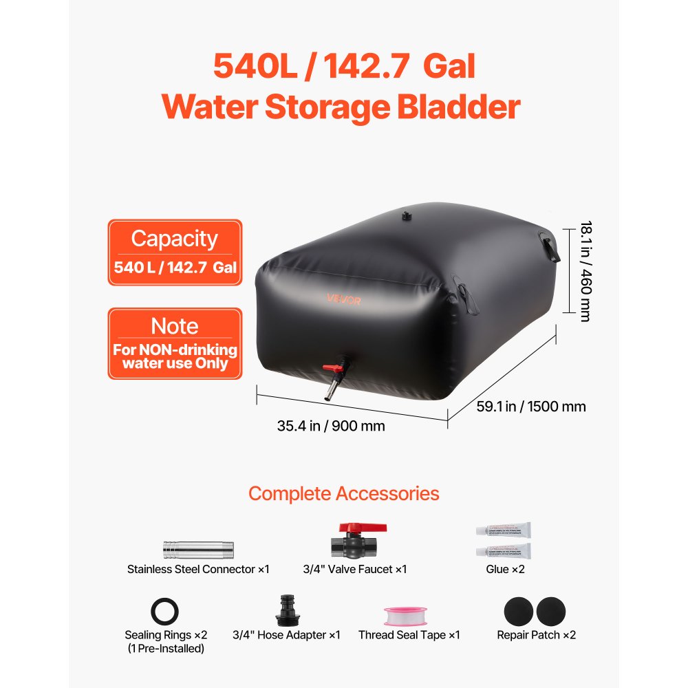 VEVOR Wasserspeicherblase, 540 L PVC-Weichwasserbeutel, Wasserspeicherbehälter, auslaufsicherer & verschleißfester Wassertank für die Outdoor-Bewässerung von Wohnmobil, LKW, Notfall