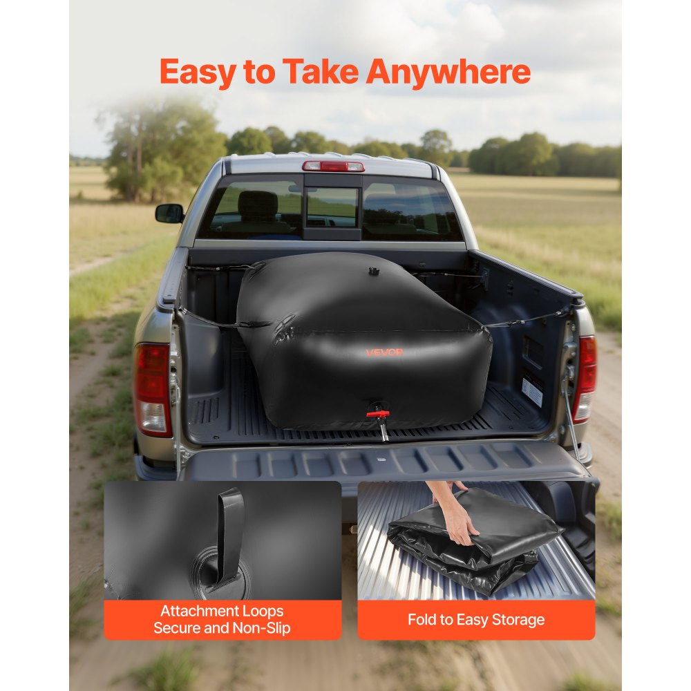 VEVOR Water Storage Bladder, 1000L Portable & Collapsible Water Storage Bag, Wear-Resistant 1000D PVC Soft Waters Bag, Leakproof Camping Tank Containers for Garden Irrigation RV Emergency Use, Black