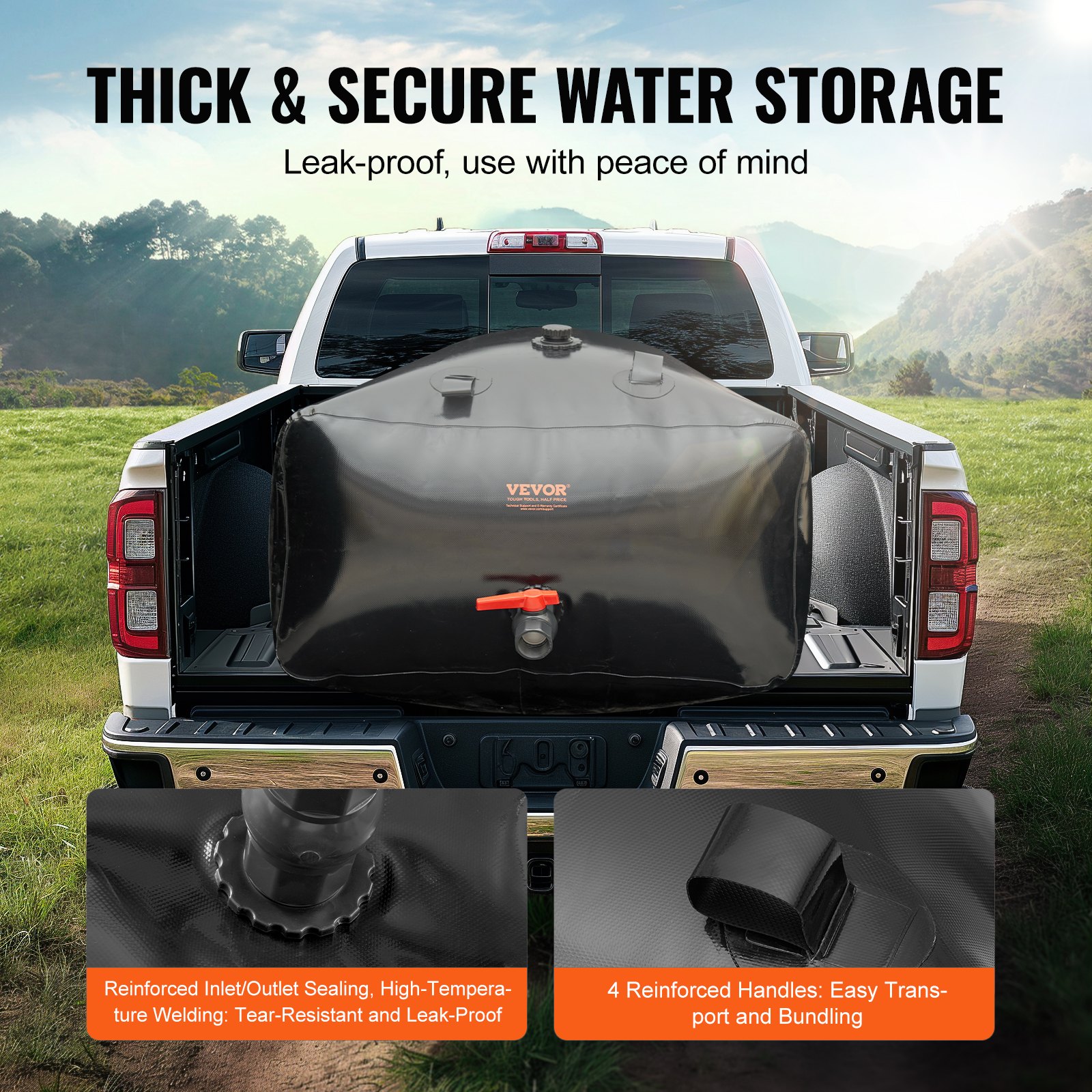 VEVOR 1000L/264 Gallon Water Storage Bladder, RV Water Tank, 1000D PVC Foldable Water Storage Container, Large Capacity Soft Water Bag, Portable Water Bladder, Fire Protection, Camping, Emergency
