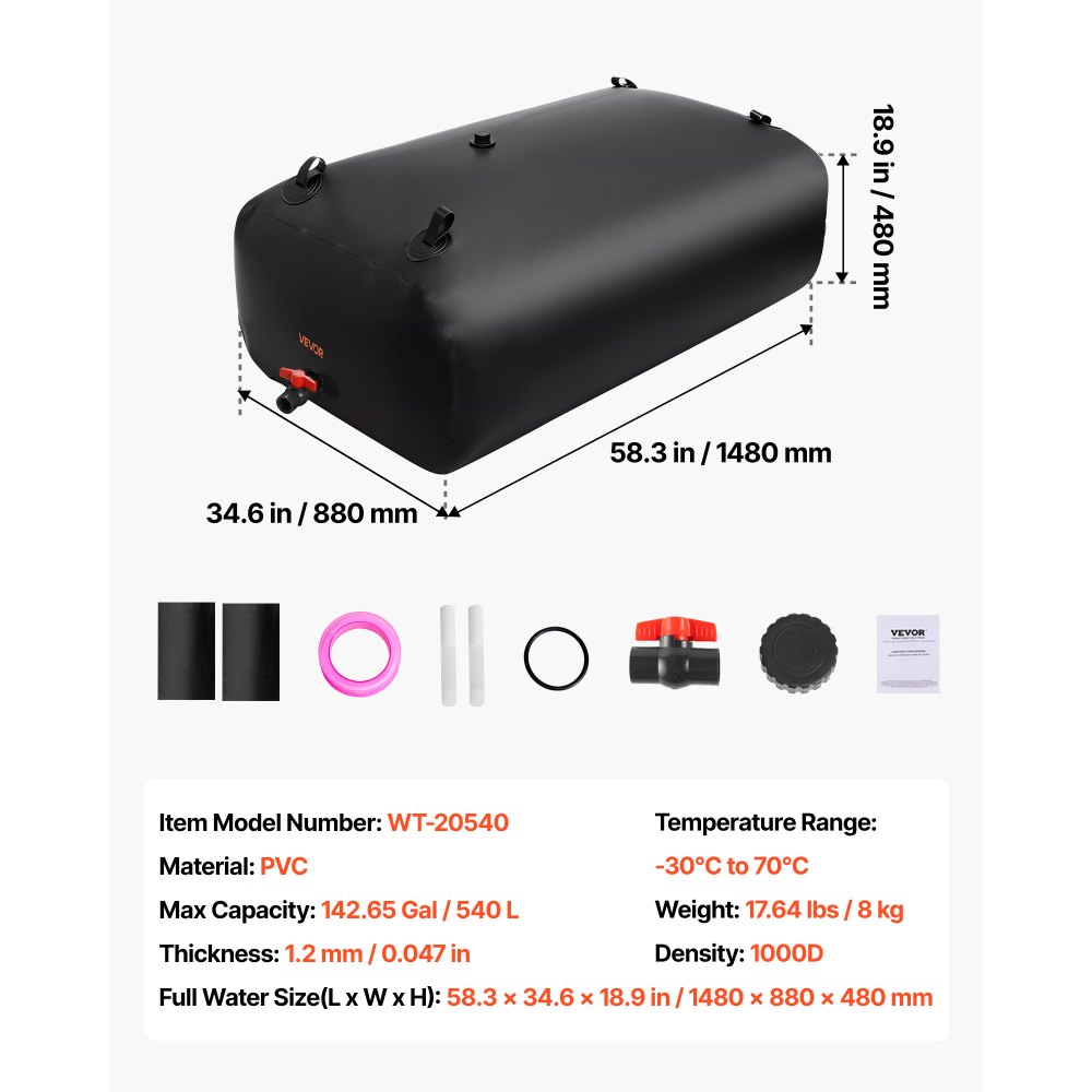 VEVOR Wasserblasen Aufbewahrungsbehälter, 540L Wassertank, 1000D PVC verdickter Wasserbeutel, 1,2mm Wassersack zusammenklappbar, für Gartenbewässerung, Camping, RV, Notfallgebrauch – Schwarz