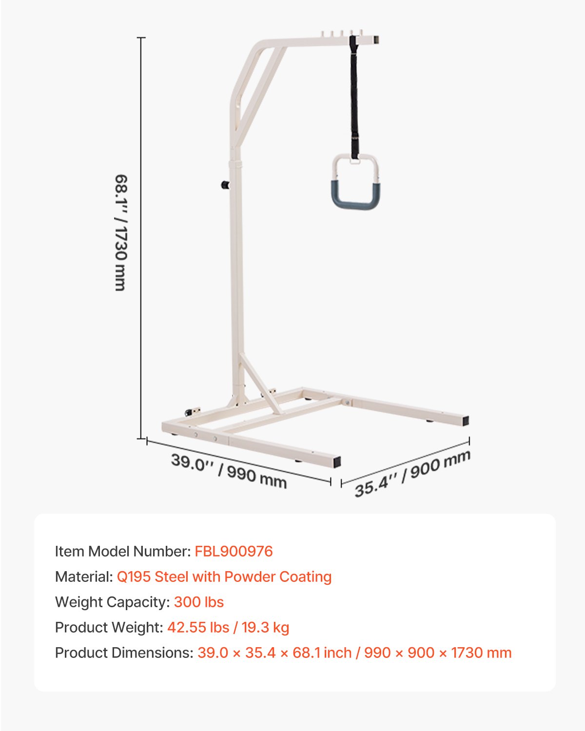 VEVOR Bettgalgen 990x900x1730 mm, höhenverstellbarer Krankenaufrichter, Bettaufrichter bis 136 kg, Aufstehhhilfe für ältere oder bettlägerige Menschen, für Krankenhaus, Pflegeheim & häusliche Pflege